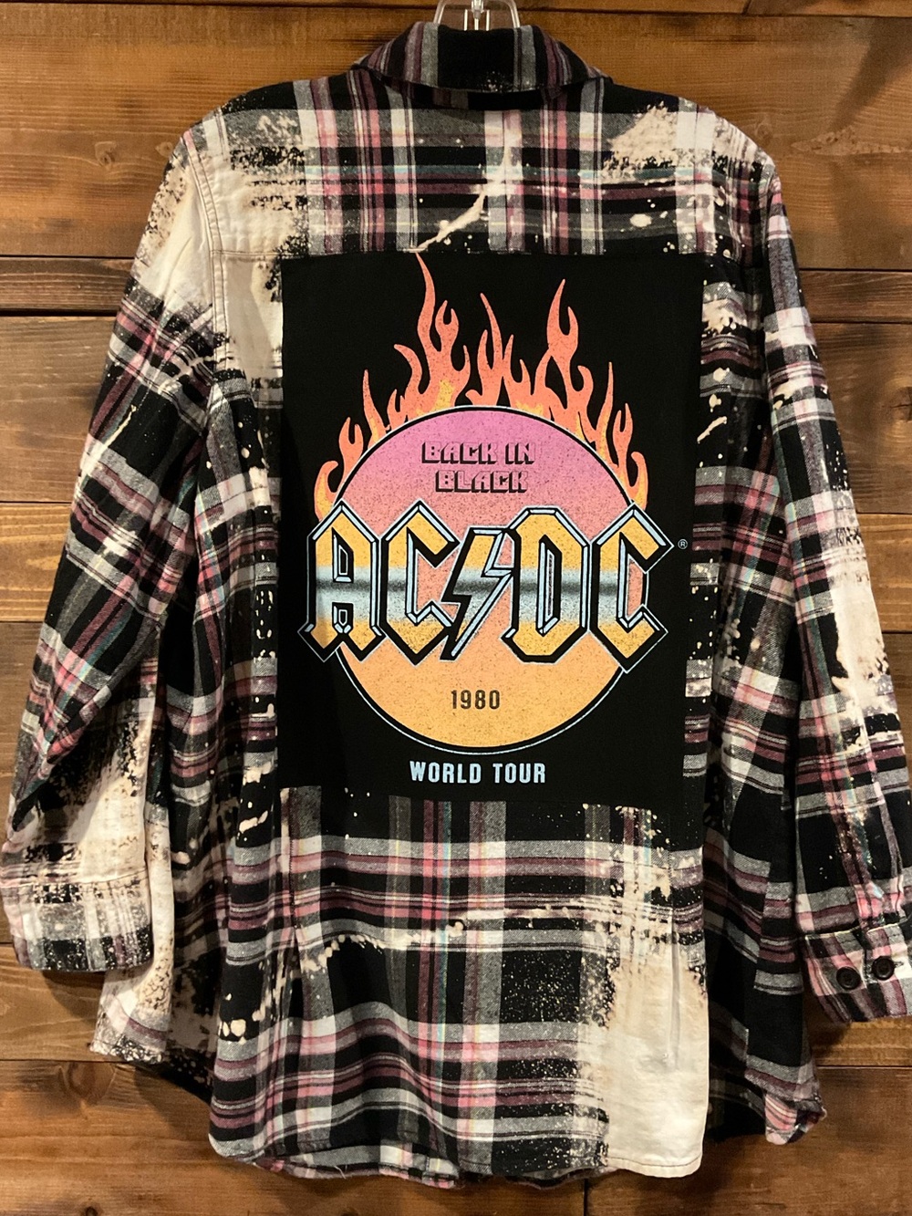 Custom AC/DC "1980 World Tour" Distressed Plaid Flannel Shirt Plus Size 20W XXL